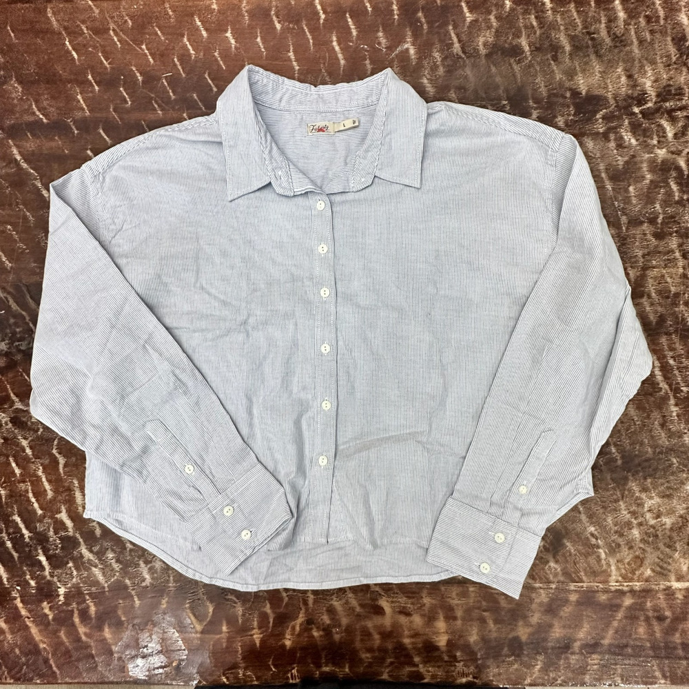 Faherty Stretch Oxford Button Down Shirt Mens Large Blue White Pinstripe Pocket